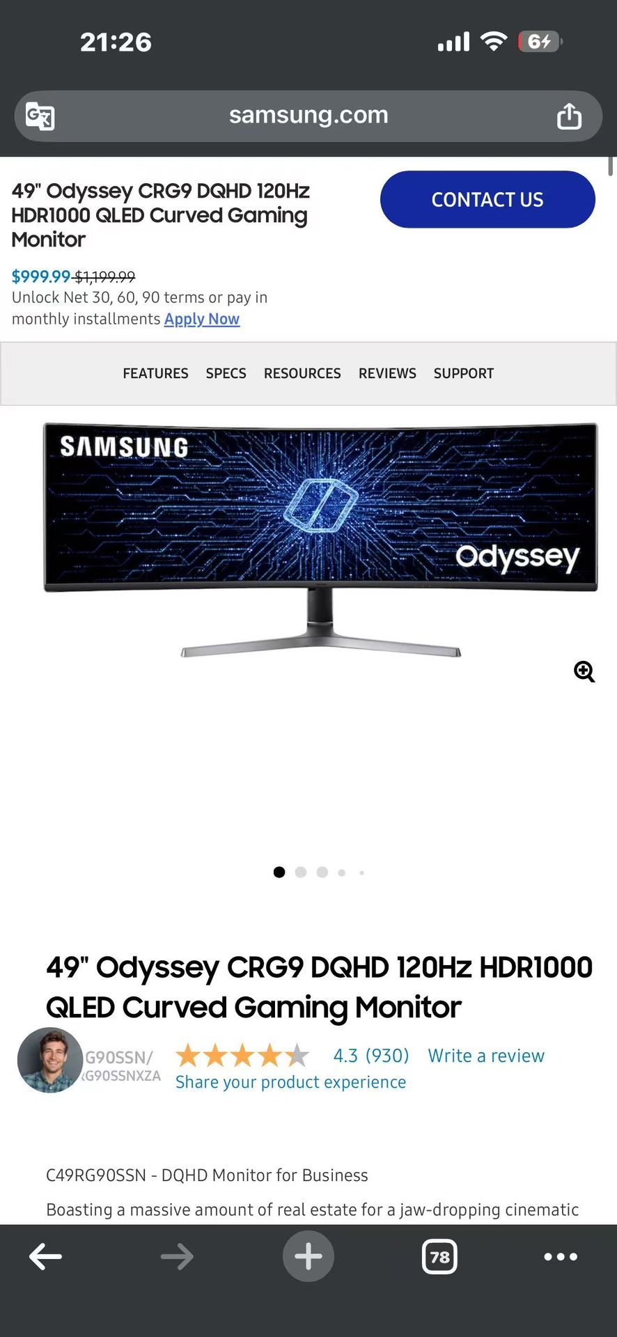 samsung 49inch odyssey CRG9 120hz monitor