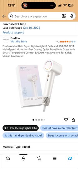 Funflow Mini High-Speed Ionic Hair Dryer – Like New