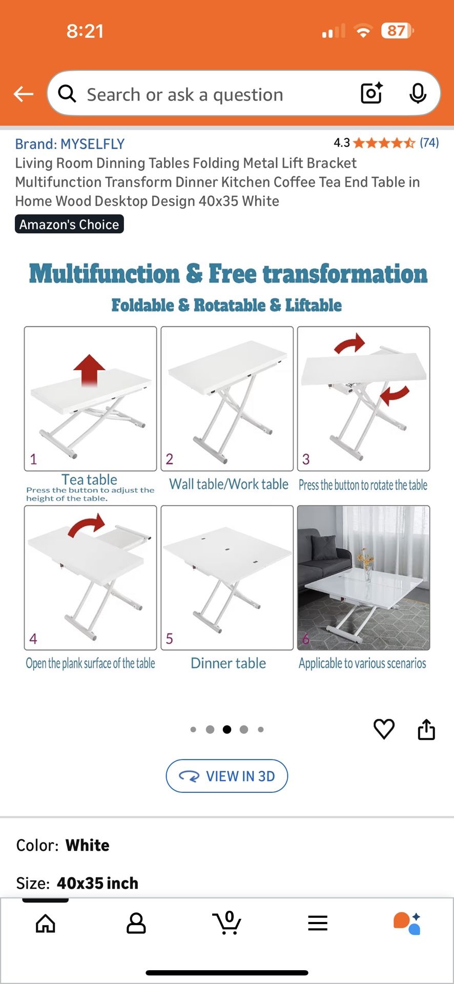 Folding Adjustable Coffee Table -white