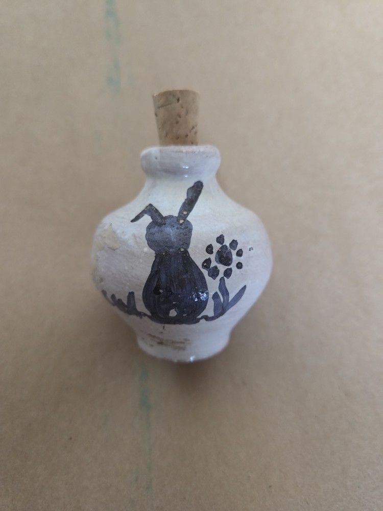 Vintage Hand-Painted Ceramic Bunny & Flower Mini Bottle with Cork Stopper