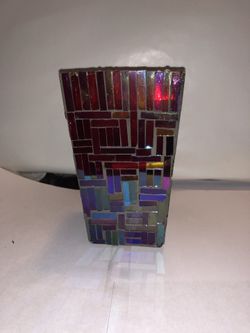 Red glass mosaic vase and 5 candle holders