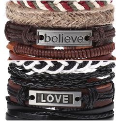 2 x Set Adjust. Size up to 9.5inc Leather Bracelet, (Believe_2-Love)