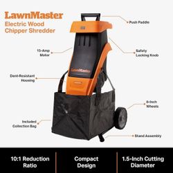 LawnMaster FD1501 Electric Wood Chipper Shredder 15-Amp 1.5-Inch Cutting Diameter Max 10:1 Reduction