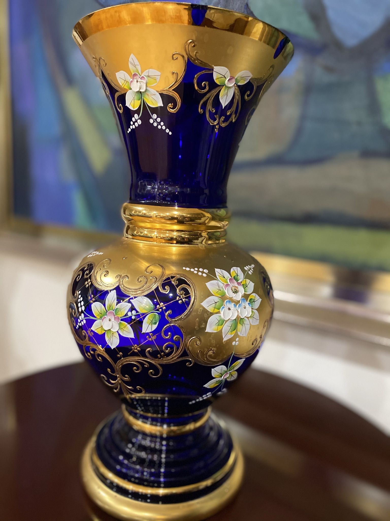 Huge Cobalt & Gold Enamel Hand-painted Czech Bohemian vase