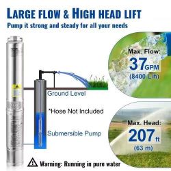 Deep Well Submersible Pump, 1HP 230V/60Hz, 37gpm Flow 207ft Head, with 33ft Electric Cord, 4" Stainless Steel Water Pump for Industrial, Irrigation&Ho
