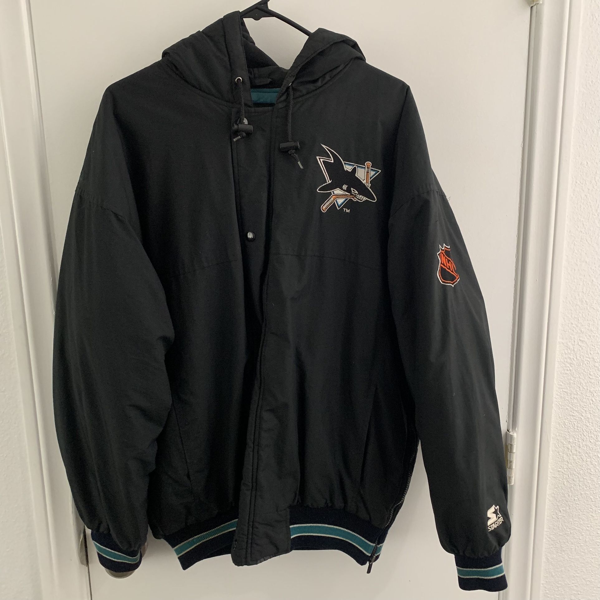 Vintage San Jose Sharks Hockey STARTER 90s Hooded Zip Up jacket Windbreaker Medium Large