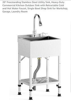 20in freestanding stainless steel utility sink, retractable hose, tray, soap dispenser