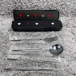 Micky Mouse Stainless Steel Spoon Fork Chopsticks Flatware Set With Case