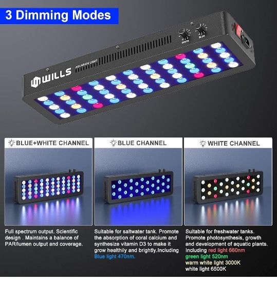 WILLS Aquarium Light, Dimmable Full Spectrum Fish Tank Light with 3 Dimming Modes & 55 Premium SMD Chips, 165W LED Aquarium Plant Light for Saltwater