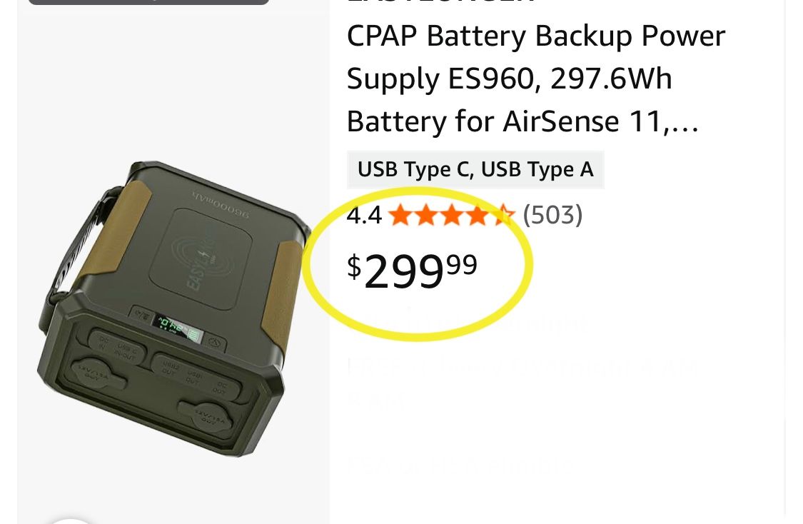 CPAP Battery Backup Power Supply ES960, 297.6Wh Battery for AirSense 11, AirCurve 11, AirMini, AirSense 10, AirCurve 10, DreamStation/ 2, etc. Emergen