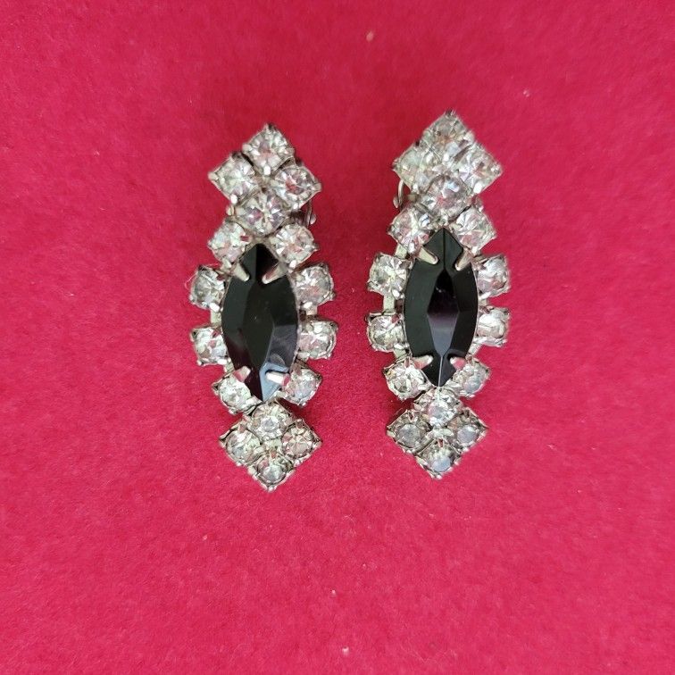 Vintage Rhinestone Clip-on Earrings Clear Black Crytal Silver Tone Prong 1.5"
