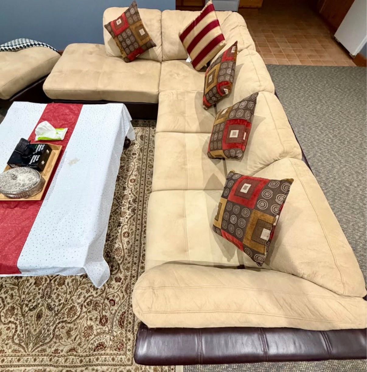 3 Piece Sectional Sofa & ottoman fabric & leather