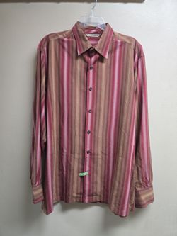 Tommy Bahama Shirt Mens Large Red Brown Stripe Button Up Casual 100% Silk