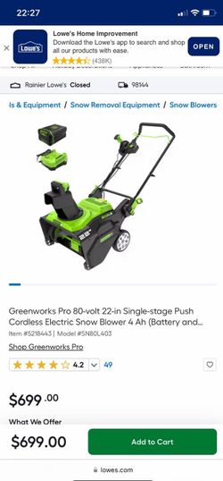 80v 22” snow blower new