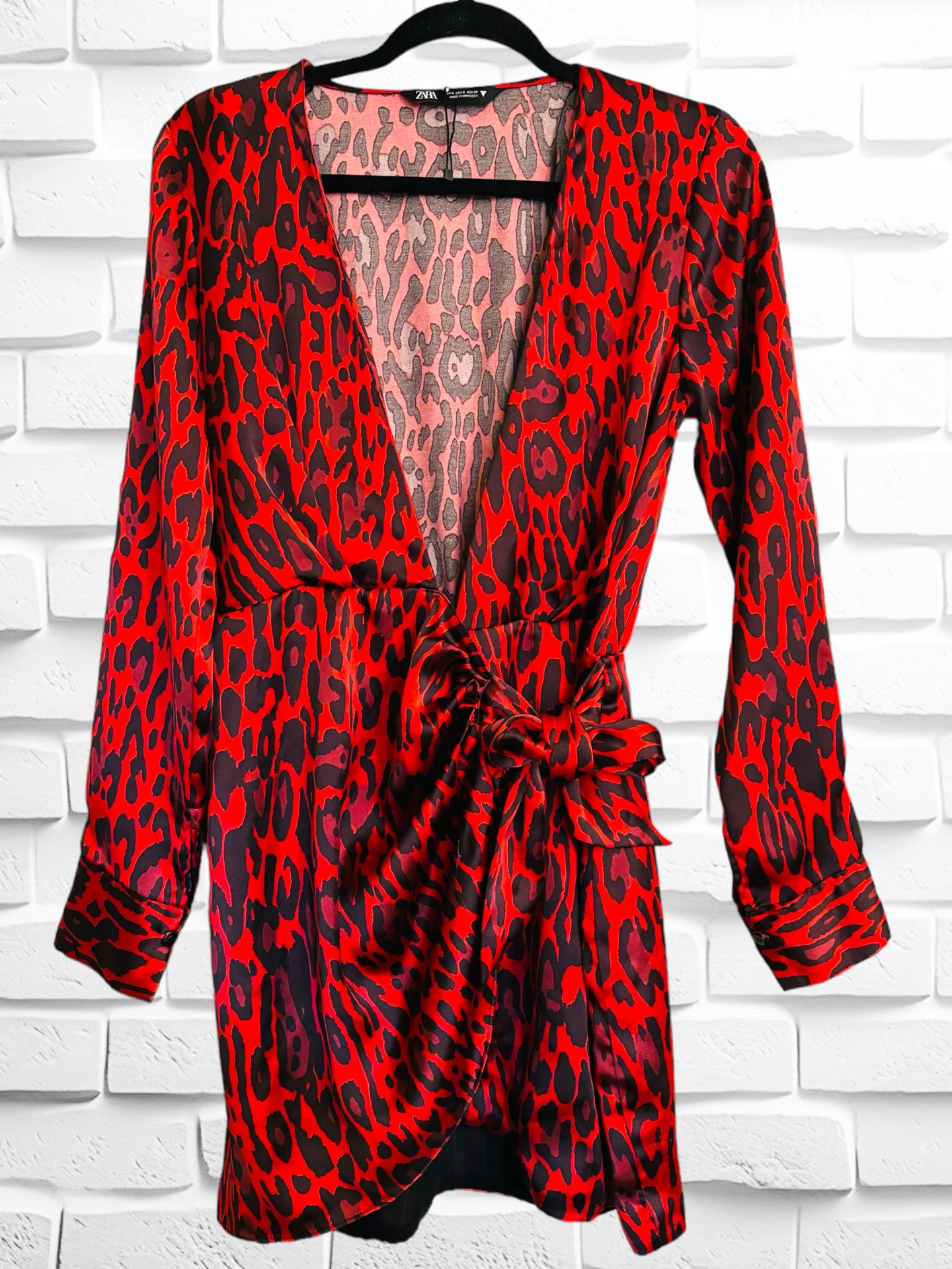 Zara Women’s Small Red & Black Animal Print Long Sleeve Mini Dress  Belted Wrap