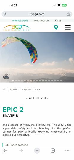 BGD EPIC 2 paraglider, lightly used, size L, orange.