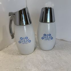 VINTAGE GEMCO BLUE CORNFLOWER SUGAR CREAM SYRUP PITCHER METAL LIDS CORNING WARE made in USA used 