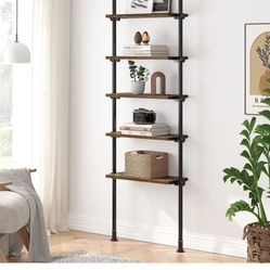 Rustic Brown 5 Tiers Narrow Tall Adjustable Ladder Bookshelf 