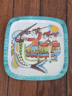 De Simone Italy Hand-Painted Swordfish Platter - Sicilian Art Pottery, Fishermen, 14.5" Square