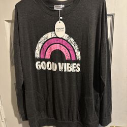 New Woman’s  GOOD VIBES Loose Fit Long Sleeve Pullover Sweatshirts With Pockets, Size Medium 