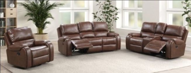 Brand New Brown Super Plush Leather 3pc Reclining Sofa Set