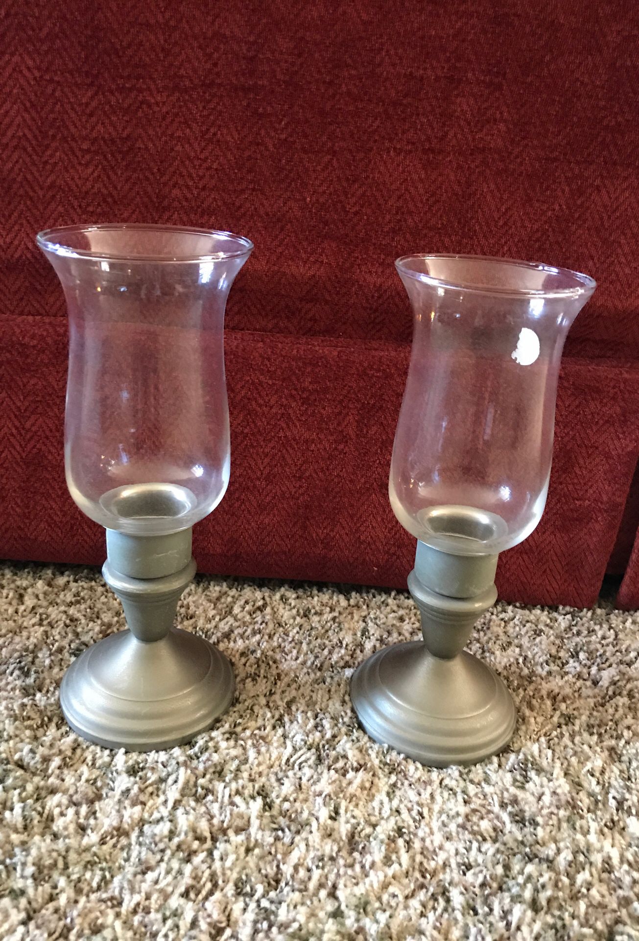 Hurricane style candle holders. Pewter And Glass