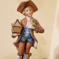 Victorian Man With Bird And Cage Hand Painted Porcelain Vintage Figurine 8" Tall