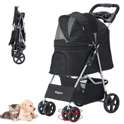 Pet Stroller for Medium Small Dogs and Cats Folding Puppy Stroller Dog Cat Cage Jogger Stroller with Cup Holder and Storage Basket 4 Wheels Black
