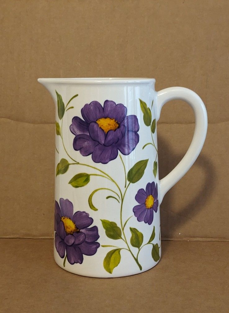 Teleflora Pitcher Vase White Ceramic With Purple Flowers Home Decor