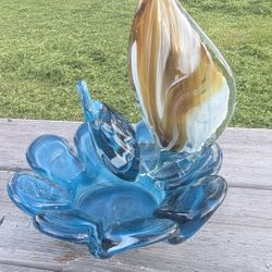 RARE Vtg Murano Mid Century Modern Blown Glass Art Blue White Swirl Rooster Dish
