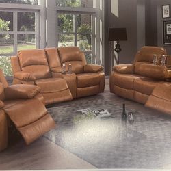 Carmel Brown Leather Fully Reclining Three Piece Couch Set 