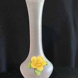 Frosted Glass Bud Vase With Porcelain Applied Rose