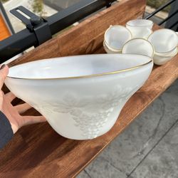 Anchor Hocking Milk Glass Punch Bowl With Cups