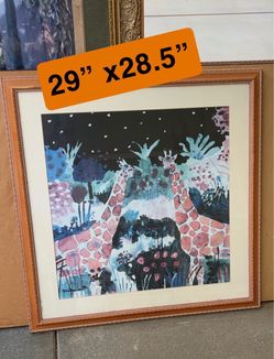Pair Framed Giraffe Watercolor Art Print 29” x 28”