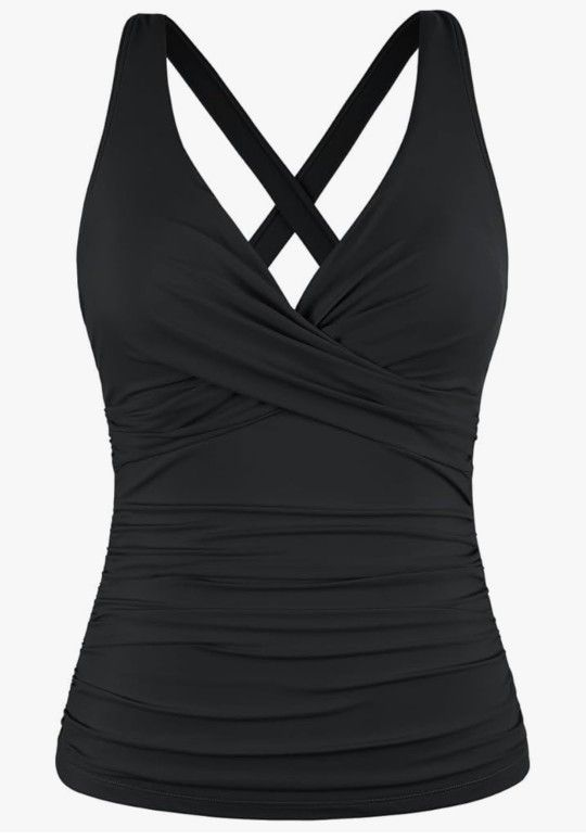 Hilor Women's Underwire Tankini Top Tummy Control Bathing Suits Sexy V Neck Crossover Swim Top Only