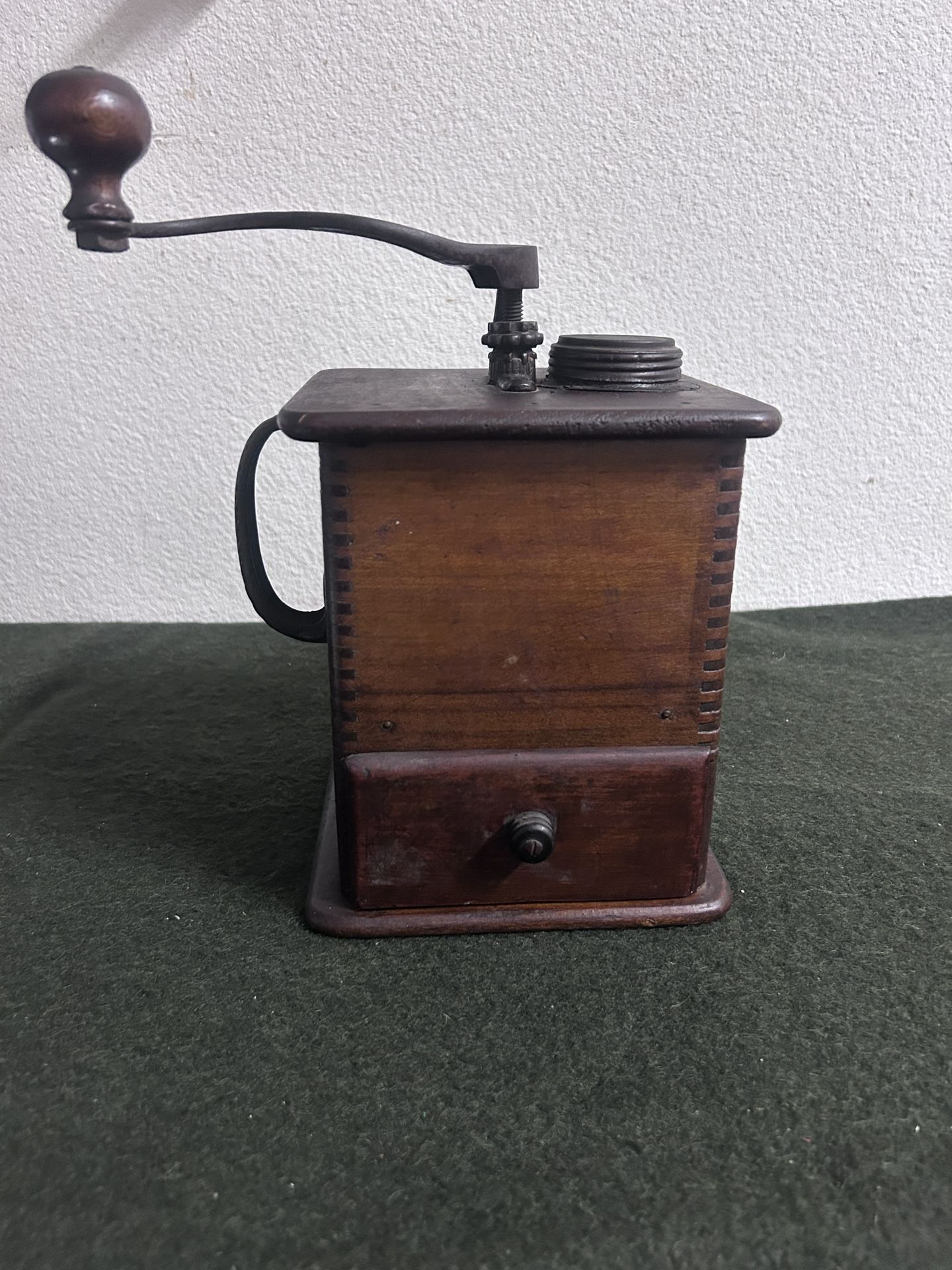 Vintage Coffee Grinder Cast Iron Hand Crank Dovetailed Wood Box With Drawer