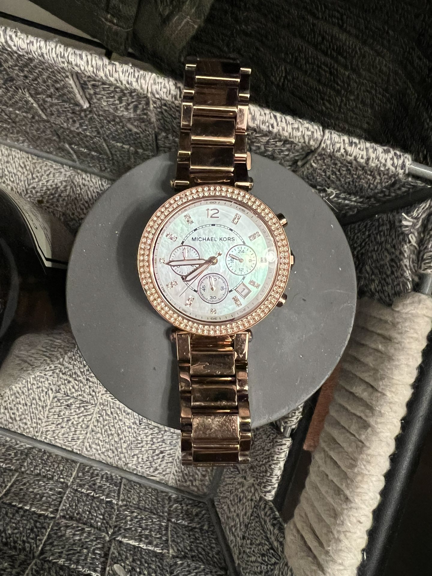 Michael Kors Rose Gold Watch – $30 Stylish crystal bezel | Chronograph face | Needs new battery
