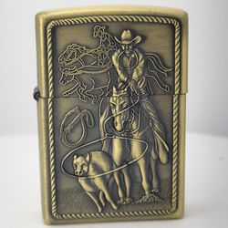 3D Carved Vintage Cowboy on Horse Catching Bull with Lasso Rope Lighter, Windproof