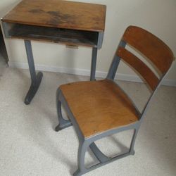 Vintage School Desk and 2 Chairs