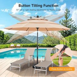 C210 $50  10 FT Patio Umbrella, 3 Tier Outdoor Table Umbrella with 8 Sturdy Glass Fiber Ribs and Push Button Tilt, Outdoor Patio Umbrellas for Market 