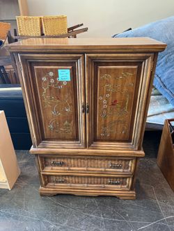 Vintage Bamboo Style Cabinet with Carved Panels