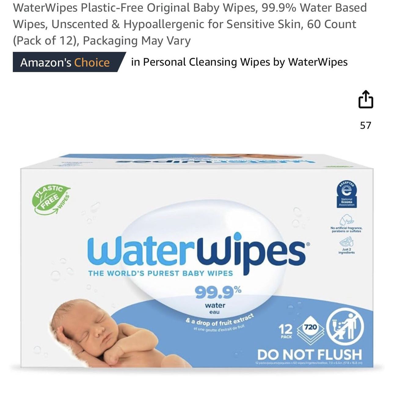 WaterWipes Plastic-Free Original Baby Wipes, 99.9% Water Based Wipes, Unscented & Hypoallergenic for Sensitive Skin, 60 Count (Pack of 12), Packaging 