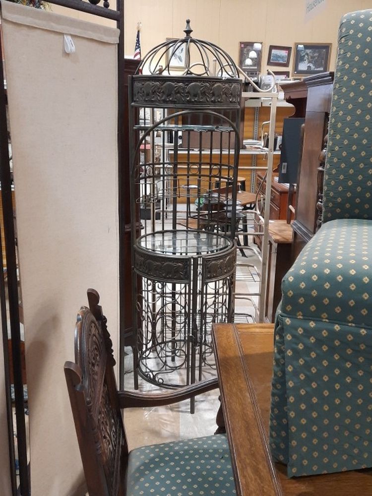 Large vintage birdcage wine rack metal glass shelves 7 ft. Ta