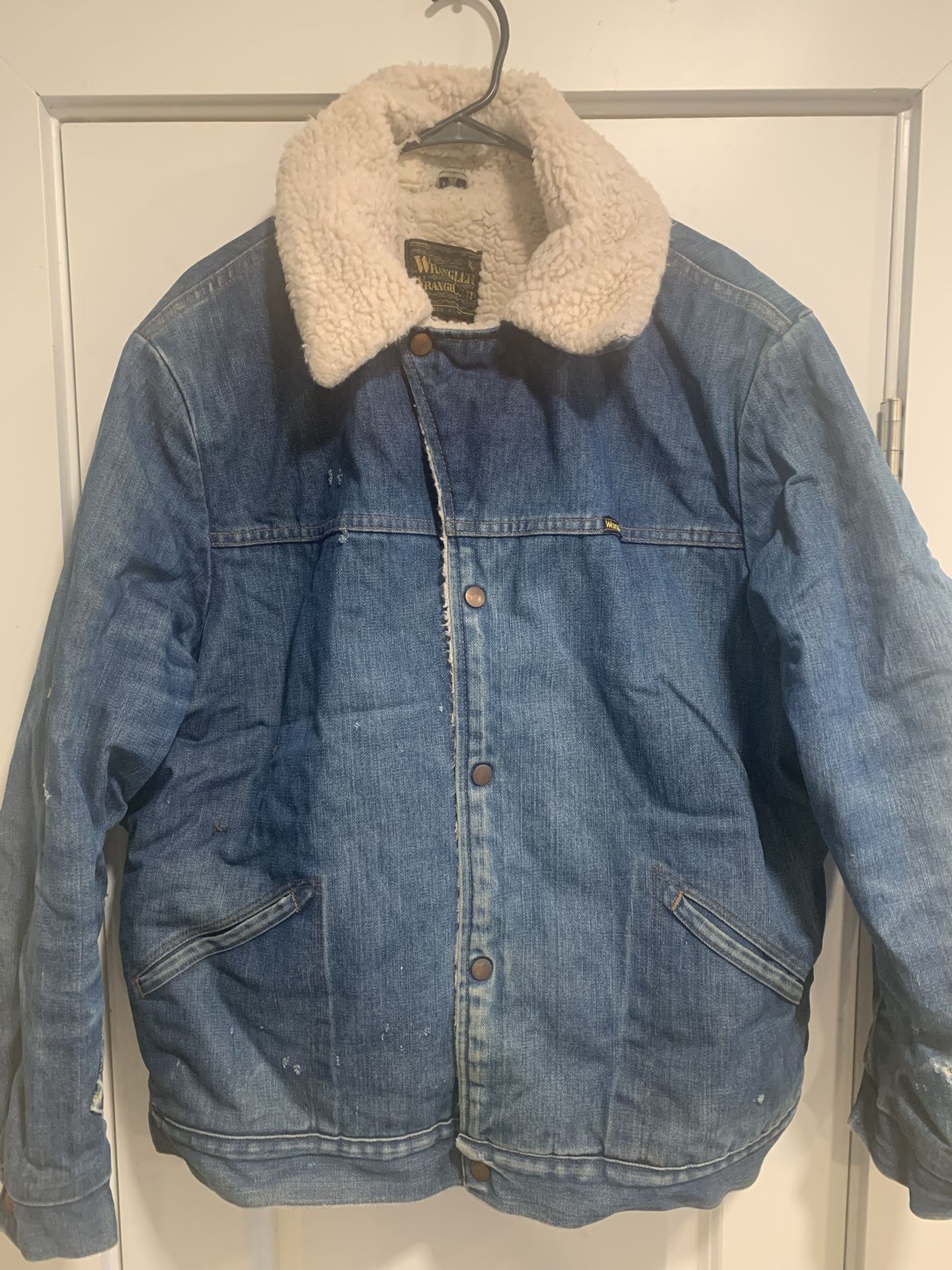 Vintage 70s Wrangler Wrange Coat Denim Jean Jacket Mens XL Sherpa Lined USA