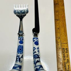 Prill Sheffield carving Knife and serving fork stainless steel and ceramic handle ex cond as is. 