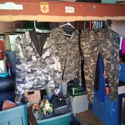 Camo Outfit.  Jacket-11-13 LG. Shirt- Medium. Pants-medium