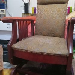 Antique Fabric And Wood Chair With Footrest