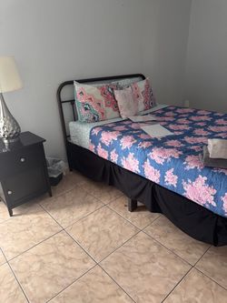 Full Bed Set with Metal Frame, Mattress, Nightstand