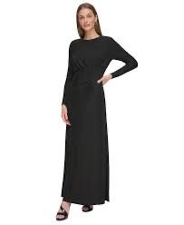 DKNY Women's Jewel-Neck Long-Sleeve Metallic Gown - Black size 12