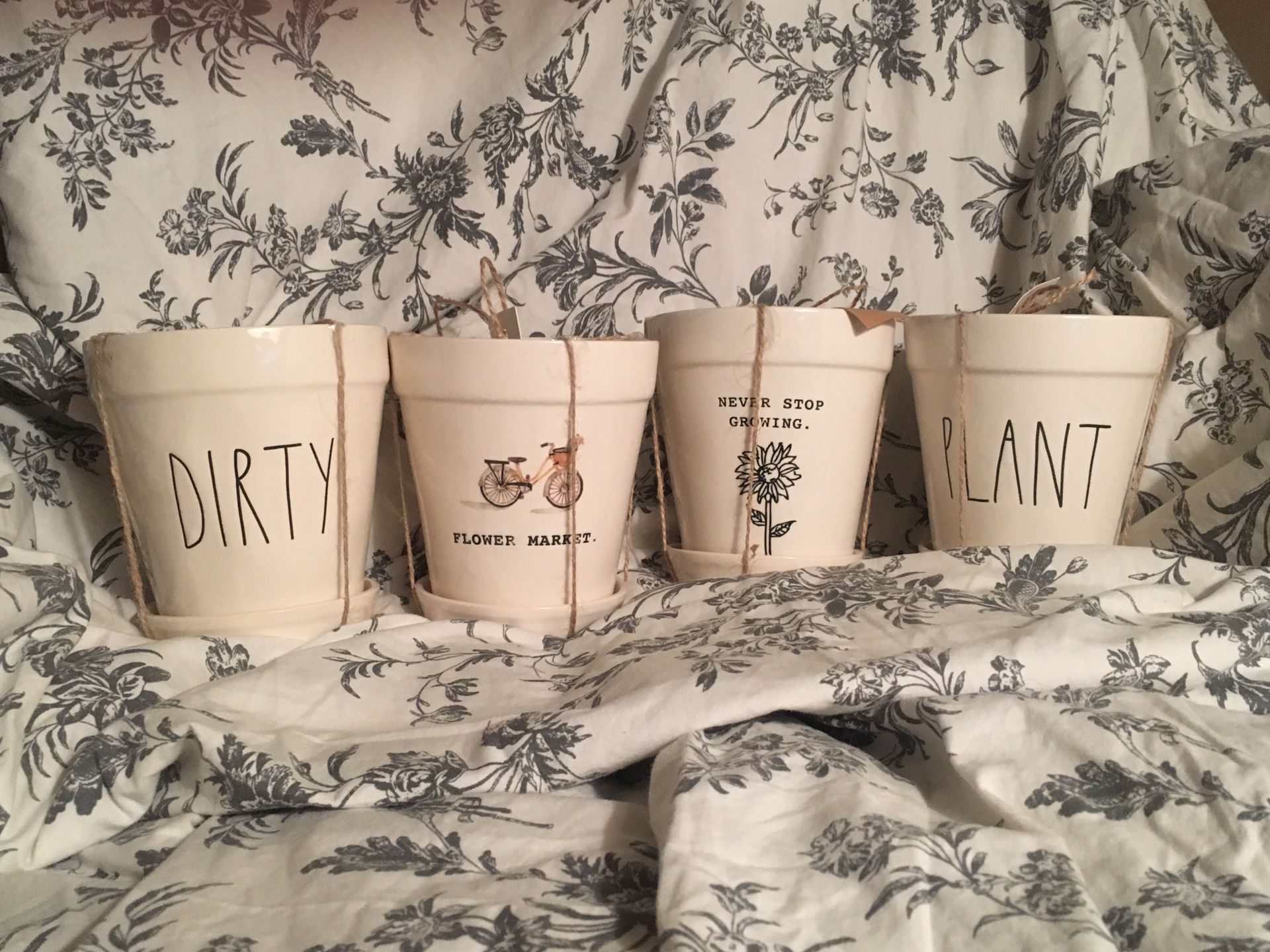 NEW Rae Dunn - “DIRTY, PLANT, Flower Market, Never Stop Growing” Small Planter Flower Pots
